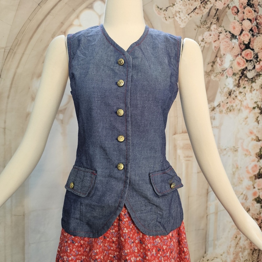 Vintage 1960's Denim Jean Vest Sleeveless Brass Buttons Retroโ Boho Americana